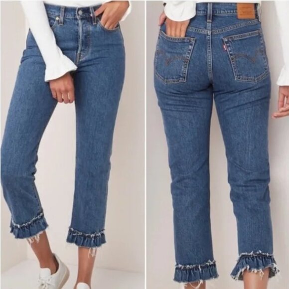 Levi's Wedge Straight Raw Ruffle Hem Denim Jeans Blue Wash Size 27 - Picture 1 of 6
